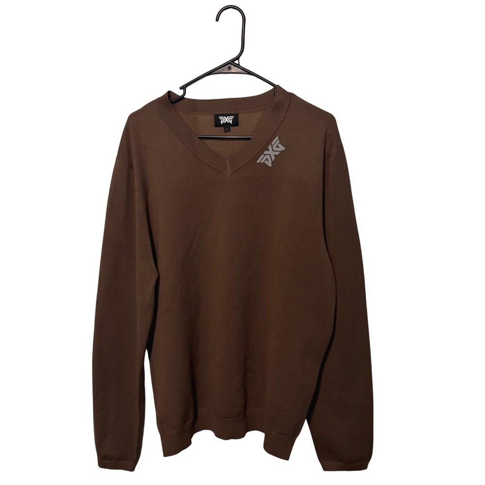 PXG V-Neck Sweater Mens Large Brown Pullover Tour Logo Knit Long Sleeve Golf